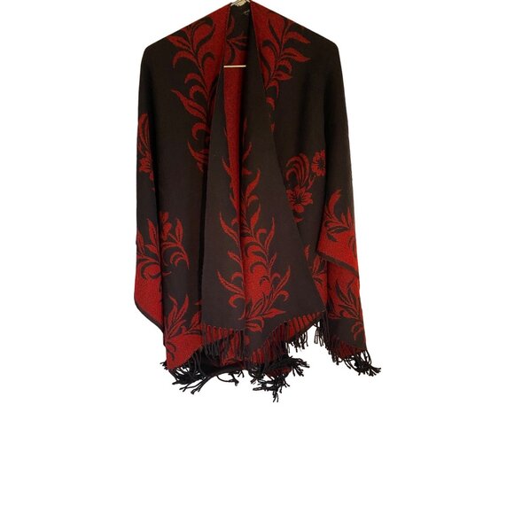 Shawl Reversible Red & Black Floral Patterned Wool Blend  With  Fringe Edges - Picture 3 of 8